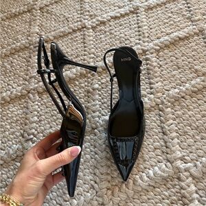 Mango Glossy Black Women's Pointed Slingback Heels